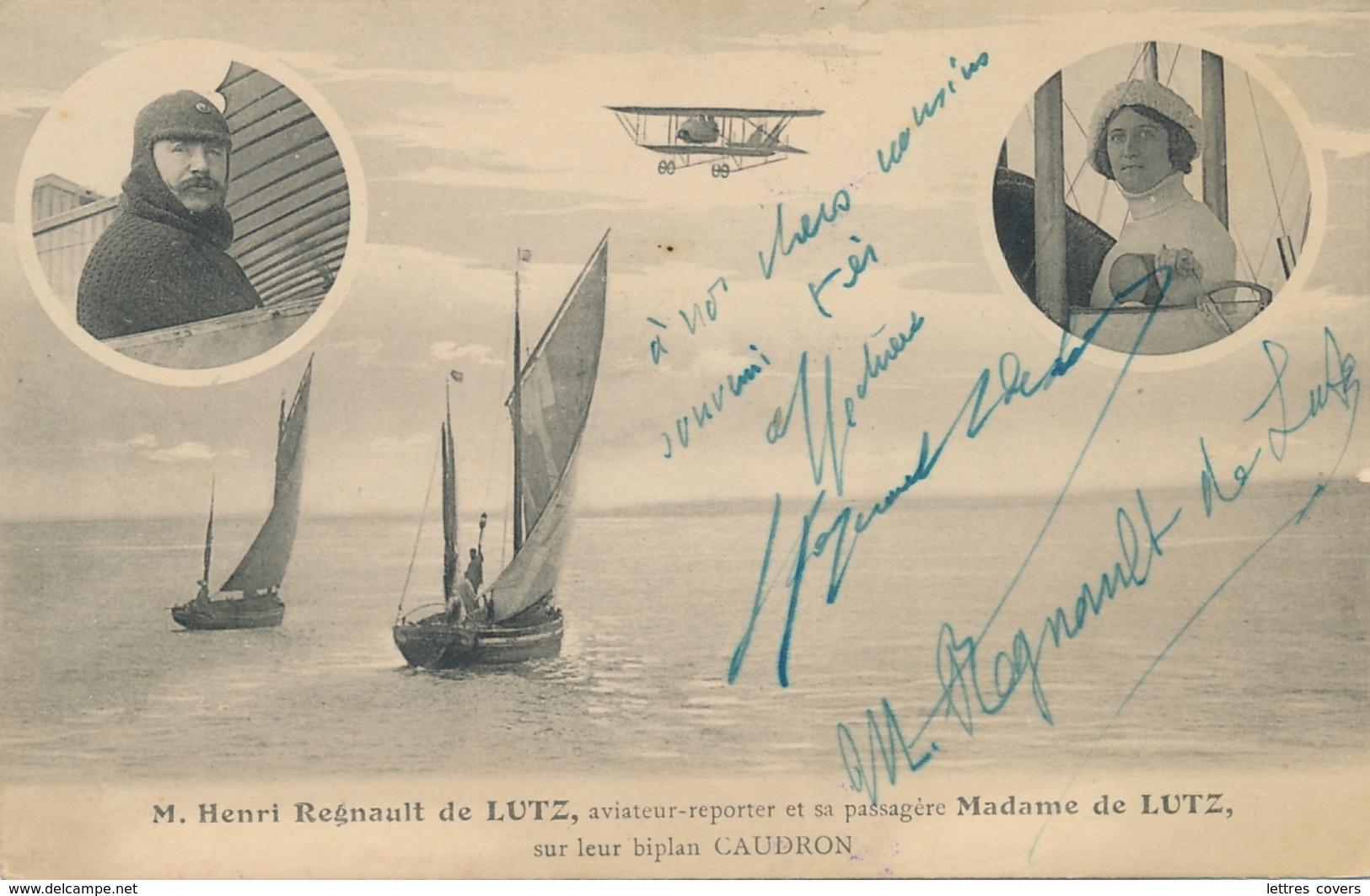 REGNAULT DE LUTZ Texte Et Signature AUTOGRAPHE Sur CP " Aviateur Reporteur Et Sa Passagère Mme De LUTZ Biplan CAUDRON " - Aviateurs