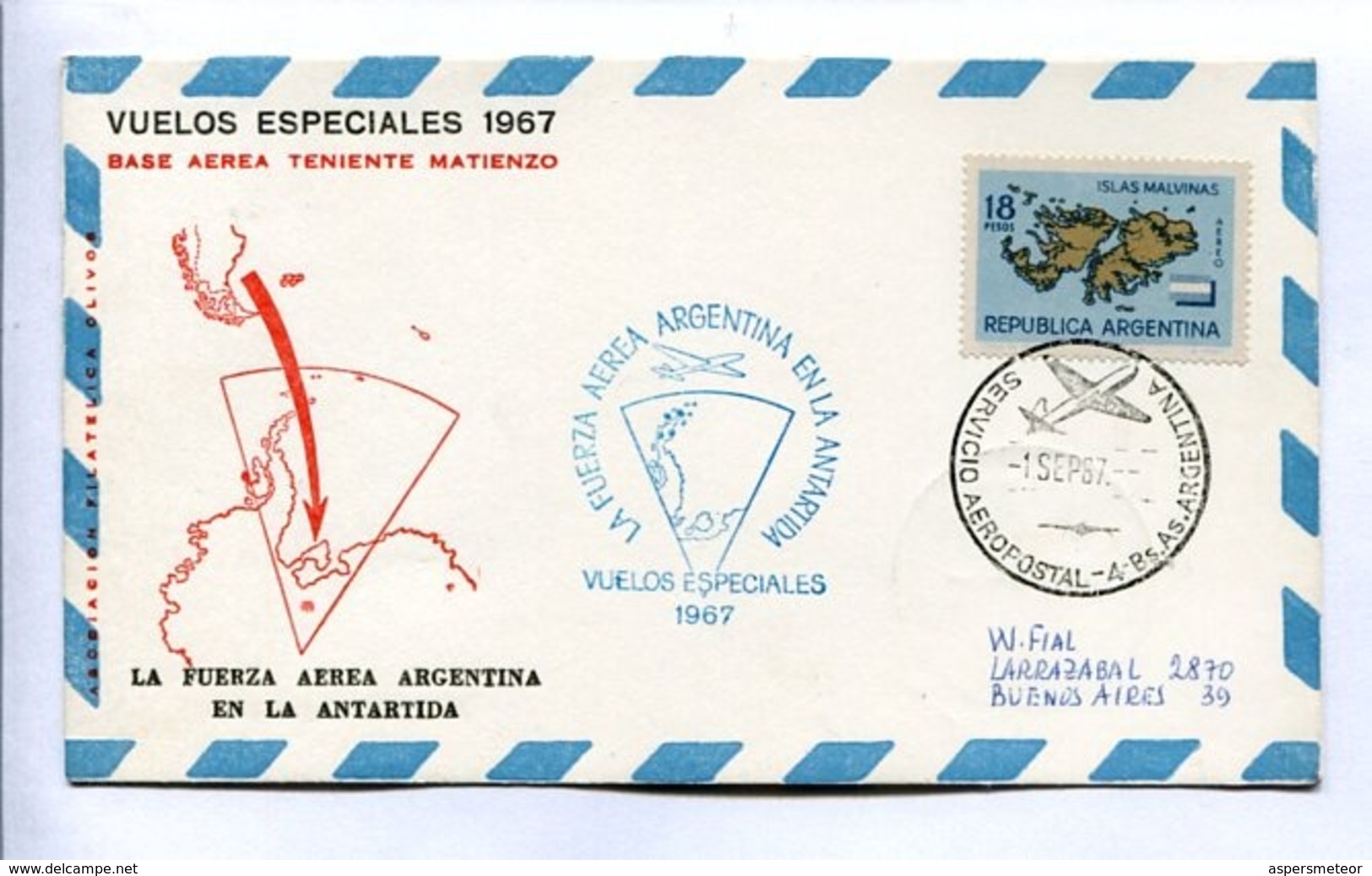 VUELOS ESPECIALES - BASE AEREA TENIENTE MATIENZO. FUERZA AEREA ARGENTINA EN LA ANTARTIDA. 1967 CARTE PAR AVION -LILHU - Polar Flights