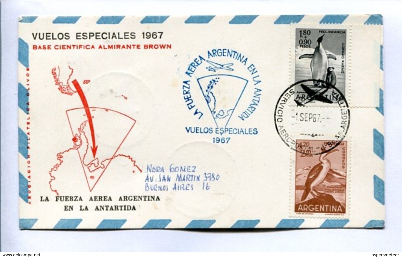 VUELOS ESPECIALES 1967 - BASE CIENTÍFICA ALMIRANTE BROWN. FUERZA AEREA ARGENTINA EN LA ANTÁRTIDA. CARTE PAR AVION -LILHU - Polar Flights