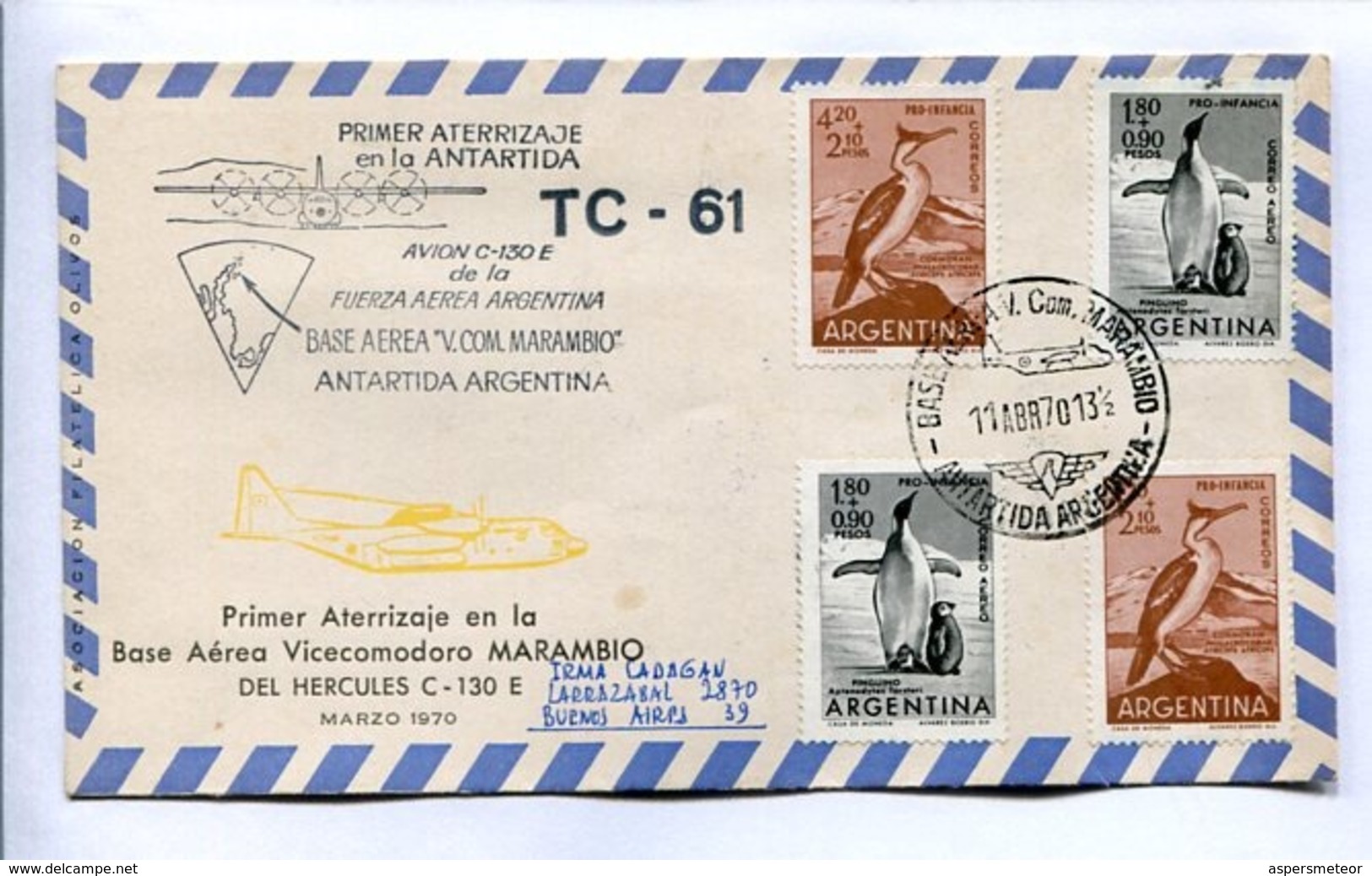 VUELOS ESPECIALES 1970 - PRIMER ATERRIZAJE EN BASE AEREA MARAMBIO DEL HERCULES C-130E. ANTÁRTIDA ARGENTINA. CARTE -LILHU - Polare Flüge