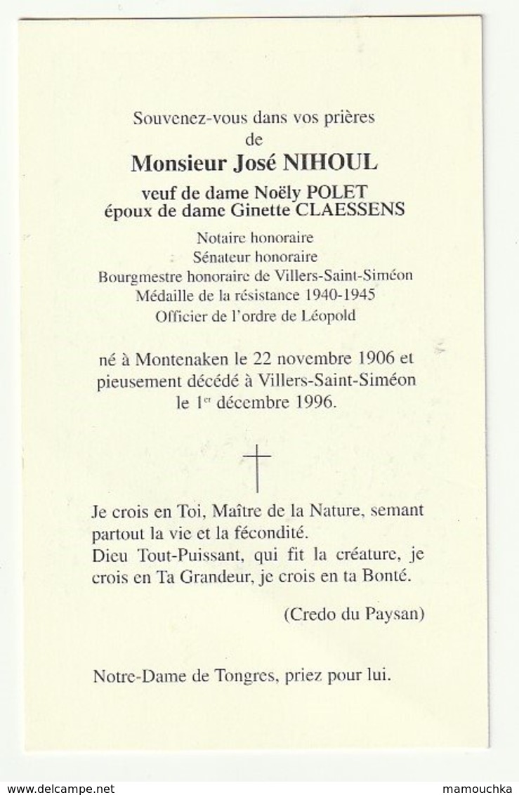 Décès José NIHOUL Pollet Claessens Notaire Sénateur Bourgmestre Résistant Montenaken Villers-Saint-Siméon 1996 - Images Religieuses