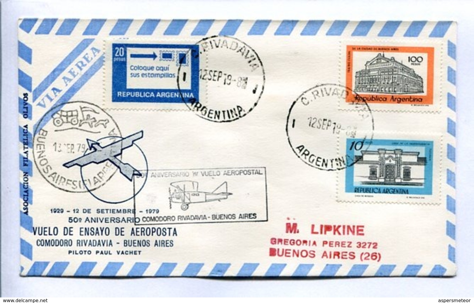 VUELOS ESPECIAL 1979 50° ANIV. VUELO ENSAYO AEROPOSTA. COMODORO RIVADAVIA - BS. AS. ANTÁRTIDA ARGENTINA. ENVELOPE -LILHU - Vols Polaires