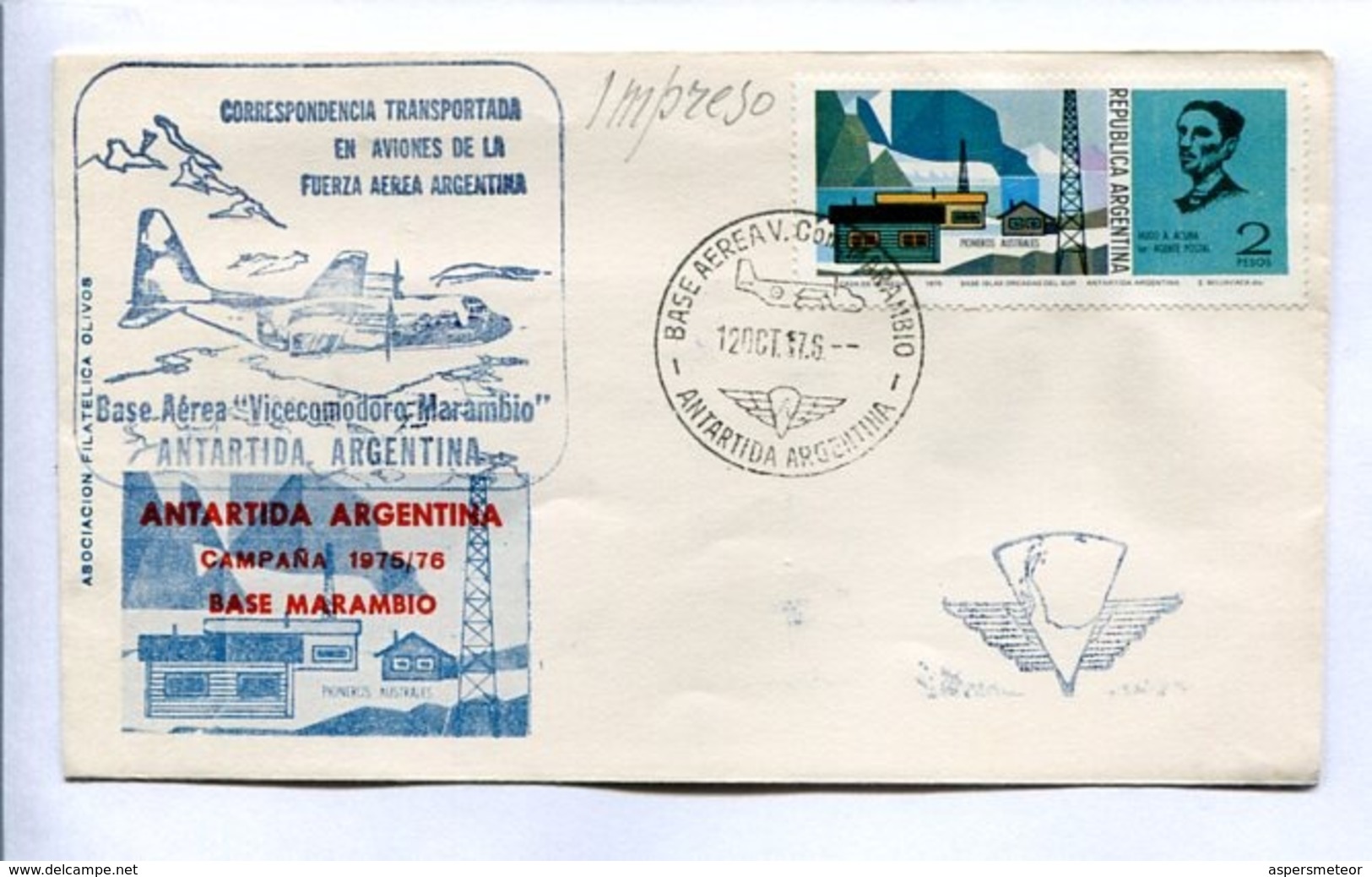 CORRESPONDENCIA TRANSPORTADA POR AVIONES FUERZA AEREA ARGENTINA 1976. BASE MARAMBIO ANTÁRTIDA ARGENTINA. ENVELOPE -LILHU - Poolvluchten