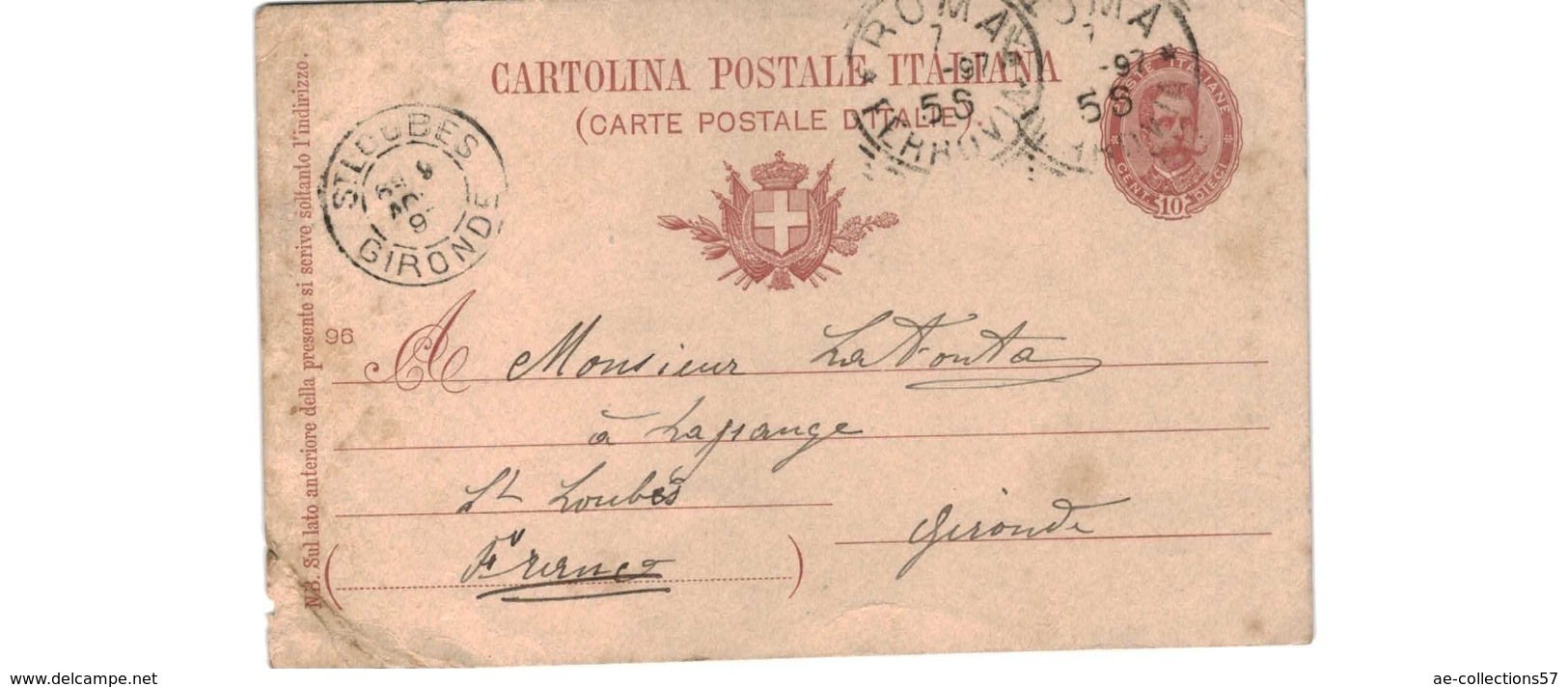 Italie   -  Entier Postal  --  De Rome   -  Pour St Loubès  -  1897 - Entiers Postaux
