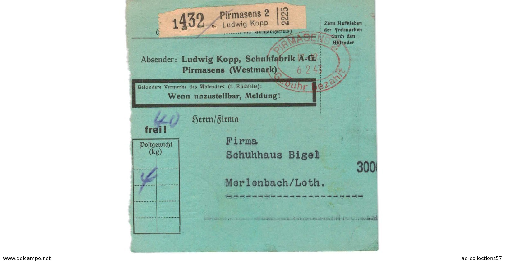 Allemagne  - Colis Postal  Départ Pirmasens 2  ---  6/2/1943 - Lettres & Documents