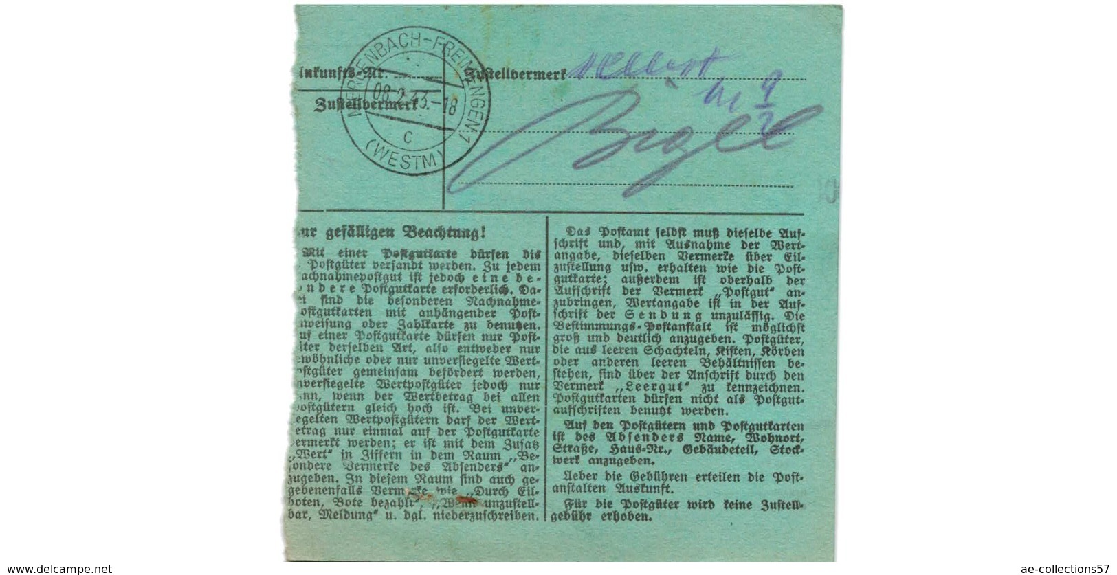 Allemagne  - Colis Postal  Départ Pirmasens 2  ---  6/2/1943 - Lettres & Documents