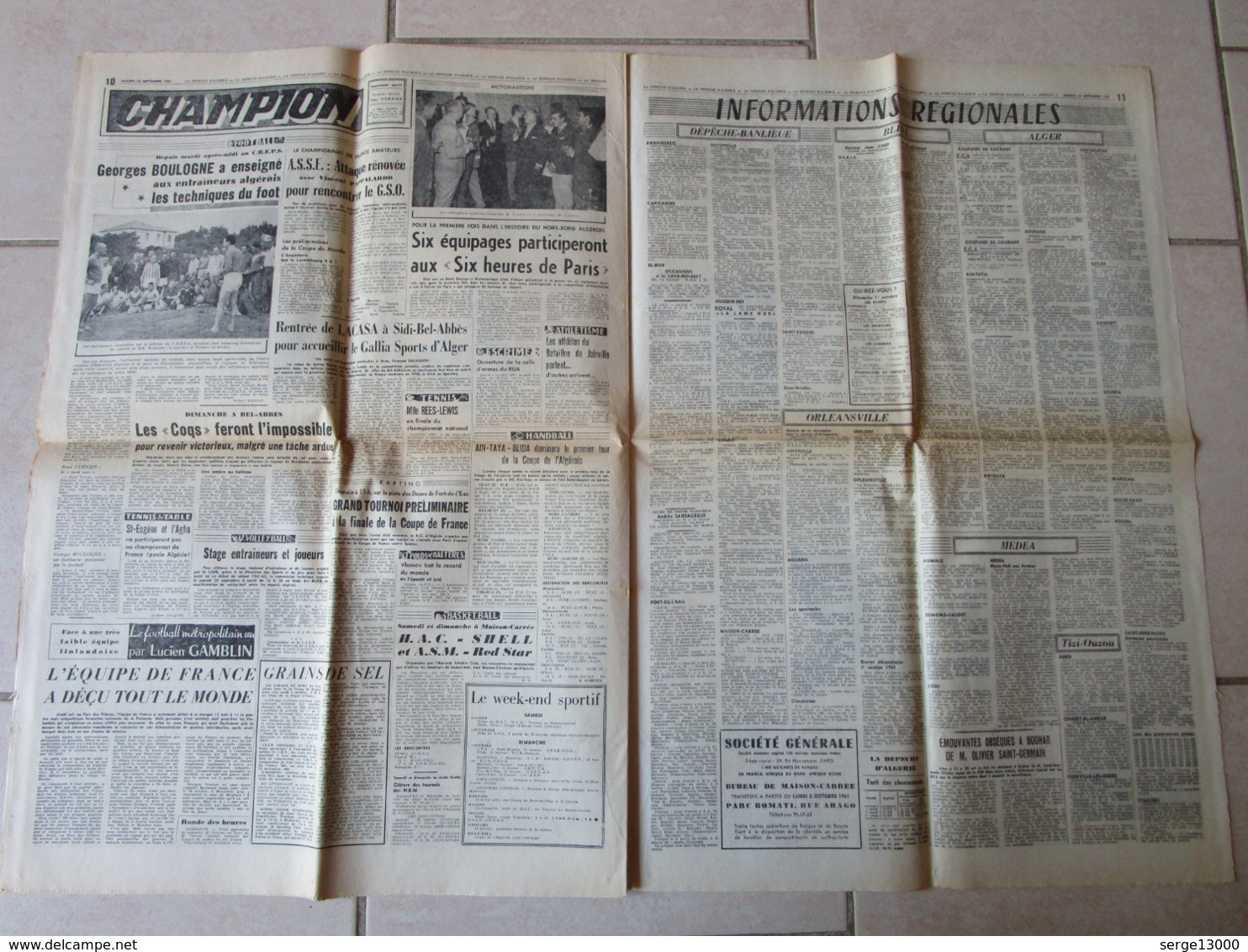journal La Depeche d Algérie Septembre 1961 Bizerte - Syrie - attentat - Info Alger Medea Tizi Ouzou Blida Orléansville