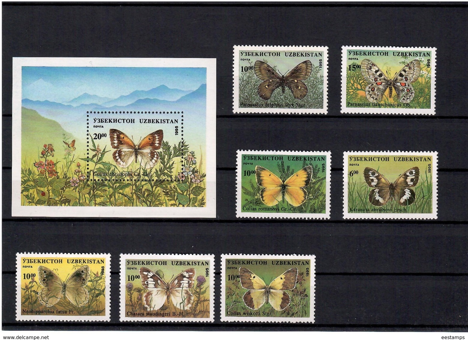 Uzbekistan 1995 .Butterflies. 7v+S/S: 6,10,10,10,10,10,15,+20  Michel # 85-91 + BL 9 - Usbekistan