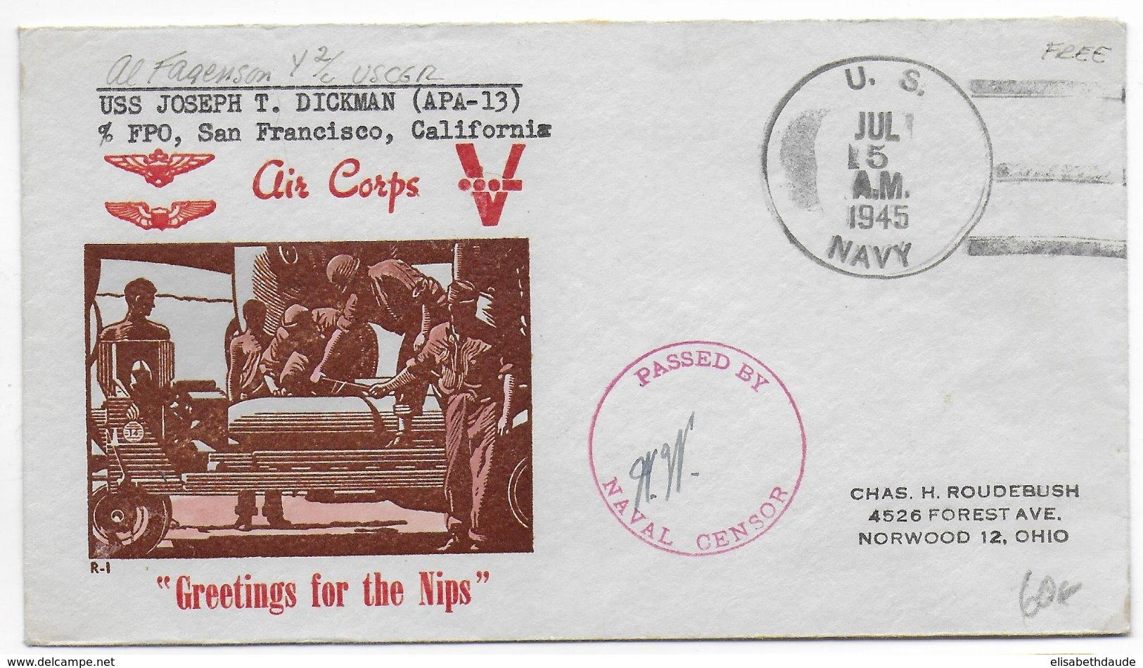 1945 - USA - ENVELOPPE "AIR CORPS" Avec CENSURE NAVALE + CACHET De L'US NAVY - Covers & Documents