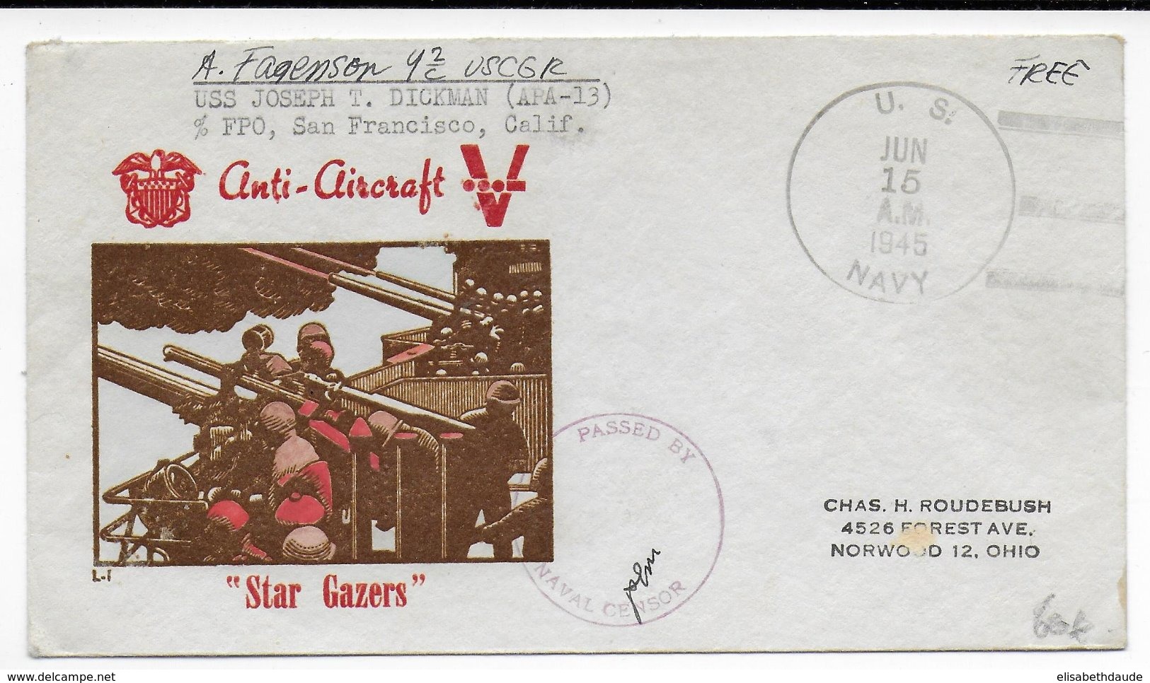 1945 - USA - ENVELOPPE "ANTI AIRCRAFT" Avec CENSURE NAVALE + CACHET De L'US NAVY - Covers & Documents