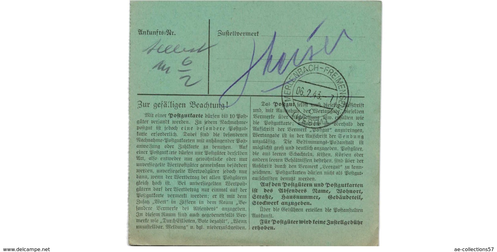 Allemagne  - Colis Postal  Départ Weismes ( Kr Malmedy  )  --02/2/1943 - Lettres & Documents