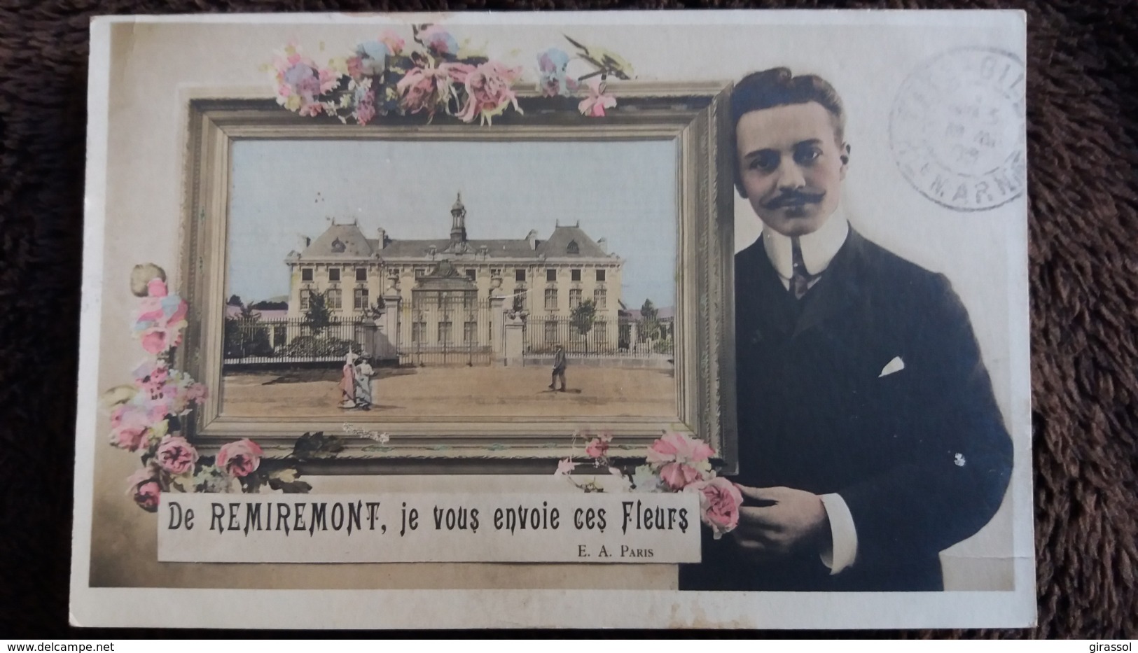 CPA DE REMIREMONT VOSGES JE VOUS ENVOIE CES FLEURS CADRE HOMME E A PARIS 1906 - Remiremont