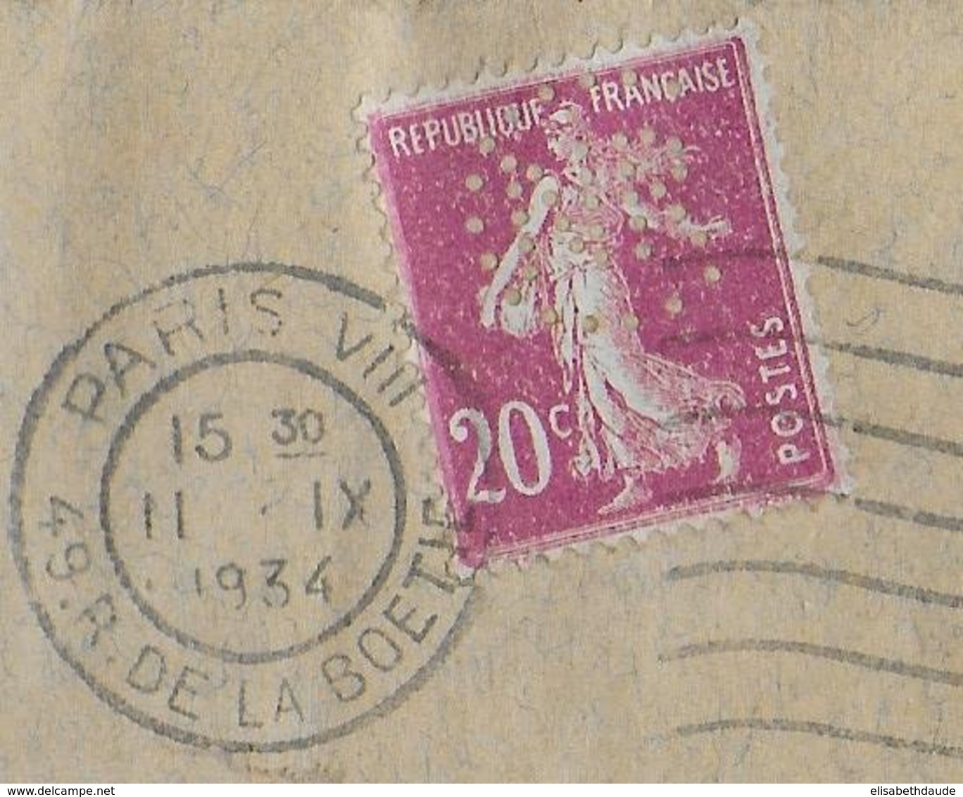 1934 - SEMEUSE PERFOREE (PERFIN) (RADIATEURS) Sur ENVELOPPE GRAND FORMAT De PARIS => LEZOUX - Briefe U. Dokumente
