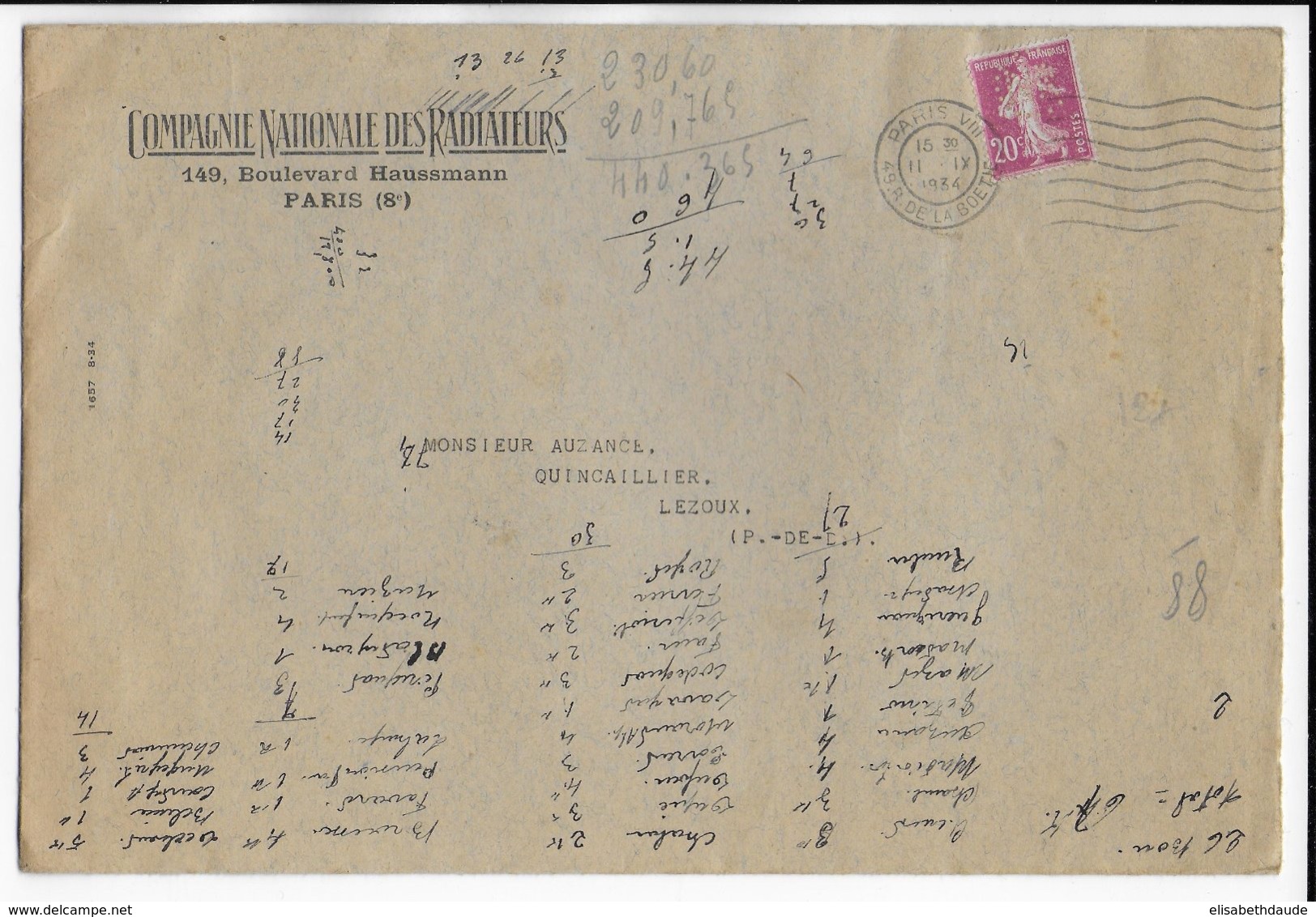 1934 - SEMEUSE PERFOREE (PERFIN) (RADIATEURS) Sur ENVELOPPE GRAND FORMAT De PARIS => LEZOUX - Cartas & Documentos