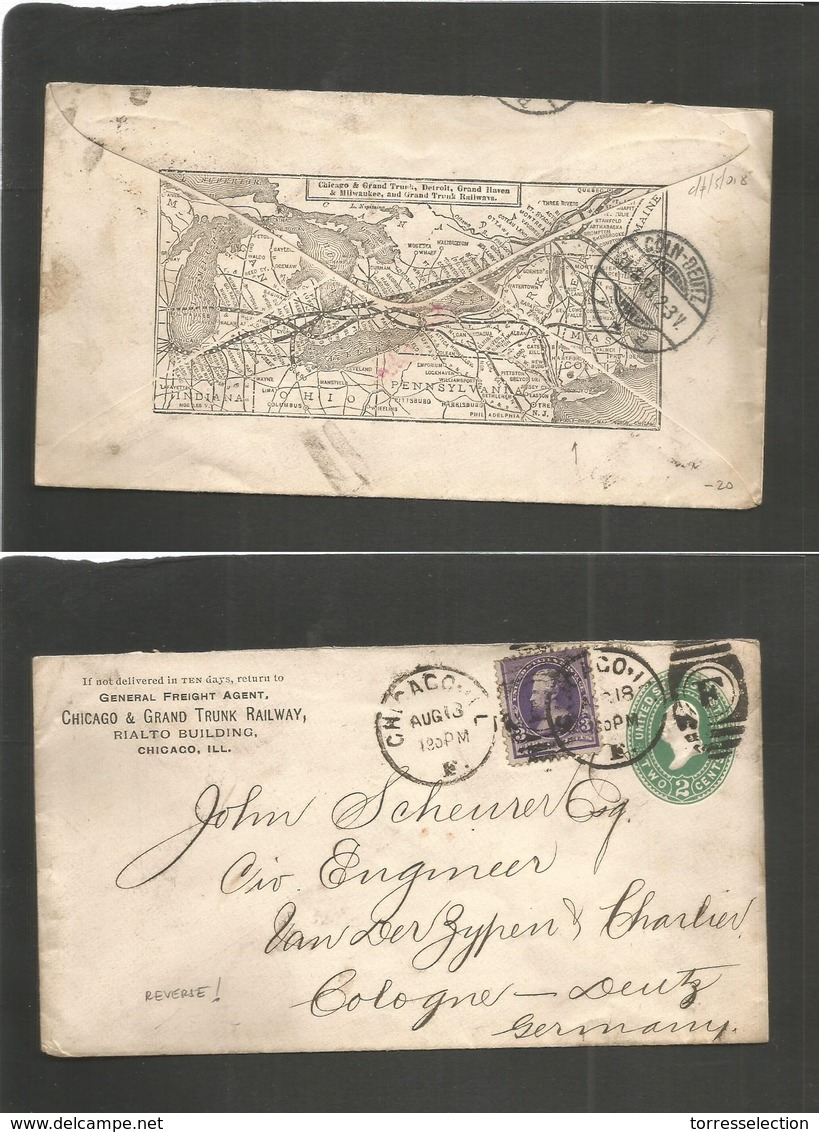 USA - Stationery. 1893 (18 Aug) Chicago Railway - Germany, Coln (31 Aug) 2c Green Reverse Map Printed Railway Route. 3c - Other & Unclassified