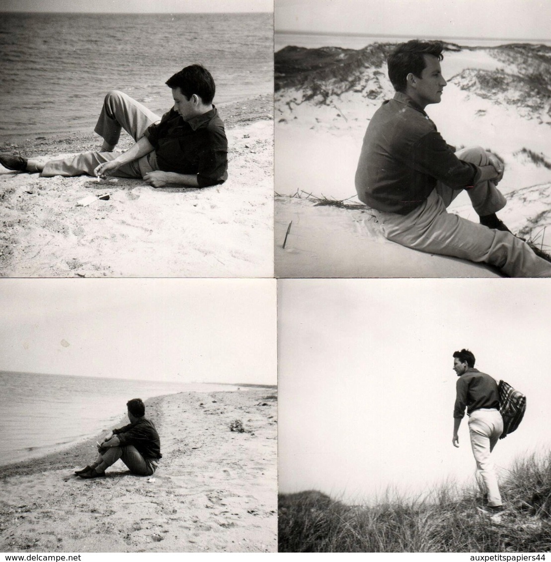 4 Photos Carrées Originales Gay & Playboy Solitaire à La Plage - Pensif & Romantique En Mal D'Amour En 1963 - Personnes Anonymes