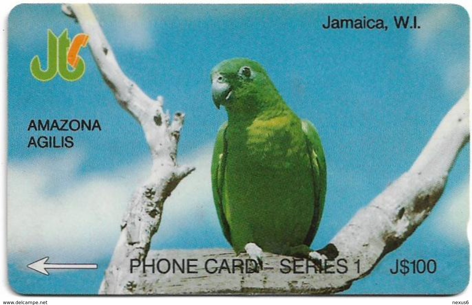 Jamaica - C&W - Amazona Agilis Parrot - 1JAME - 100J$, 1990, Used - Jamaïque