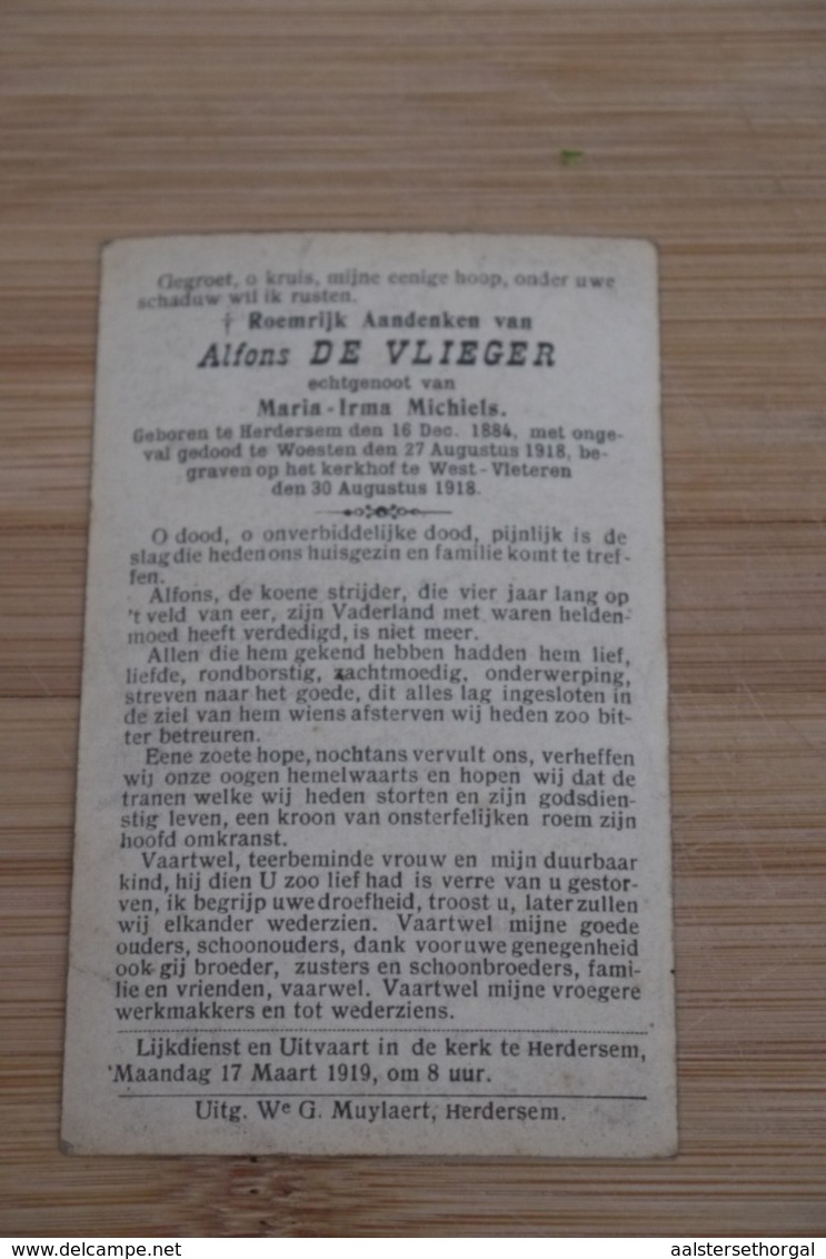 Aalst Herdersem Wo1 Soldaat Foto Gesneuveld Woesten 1918  Alfons De Vlieger - Religion & Esotérisme