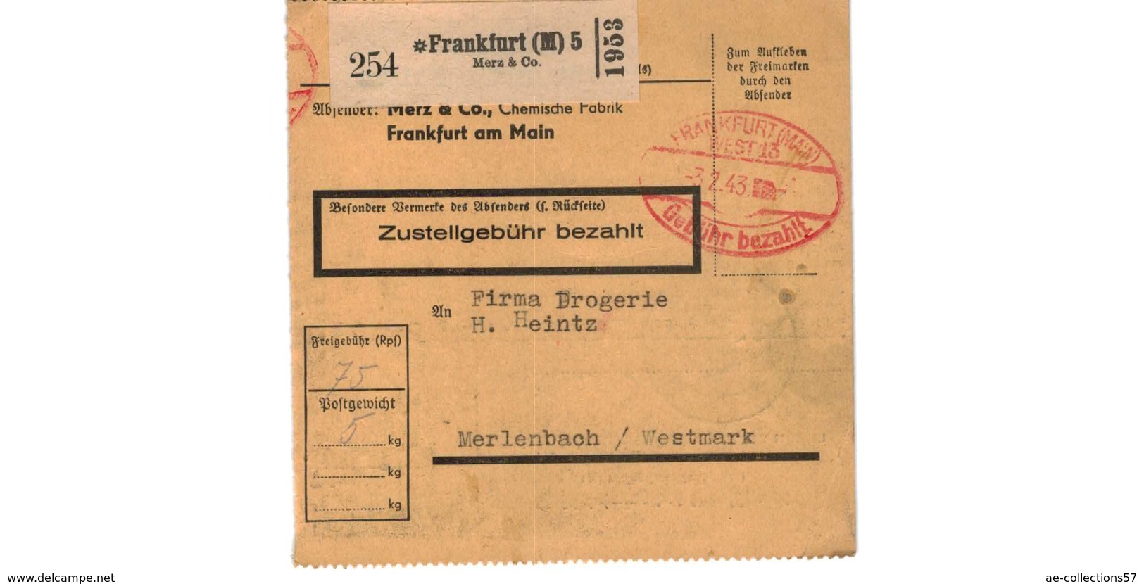 Allemagne  - Colis Postal  Départ Frankfurt  - Merz & Co  - 3/2/1943 - Lettres & Documents