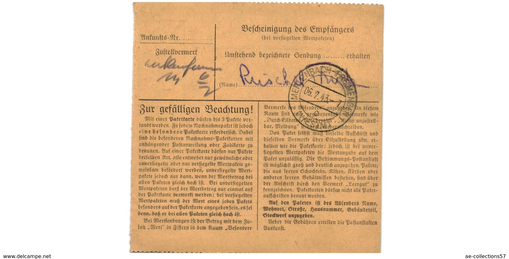 Allemagne  - Colis Postal  Départ Frankfurt  - Merz & Co  - 3/2/1943 - Lettres & Documents