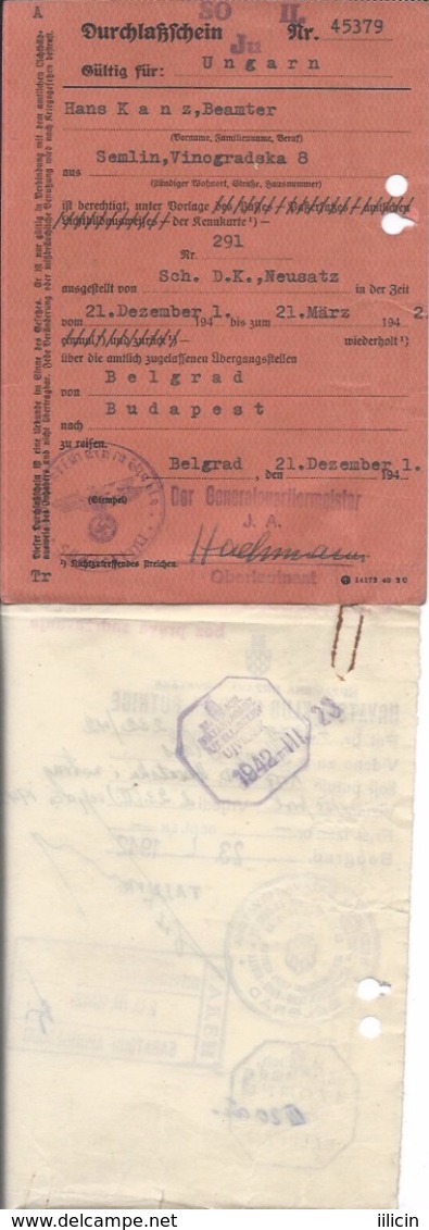 Document DO000154 - Yugoslavia Croatia NDH Serbia Belgrade Zemun (Semlin) WW2 Fascism Nazism Travel Visa 1941 - Documenti Storici