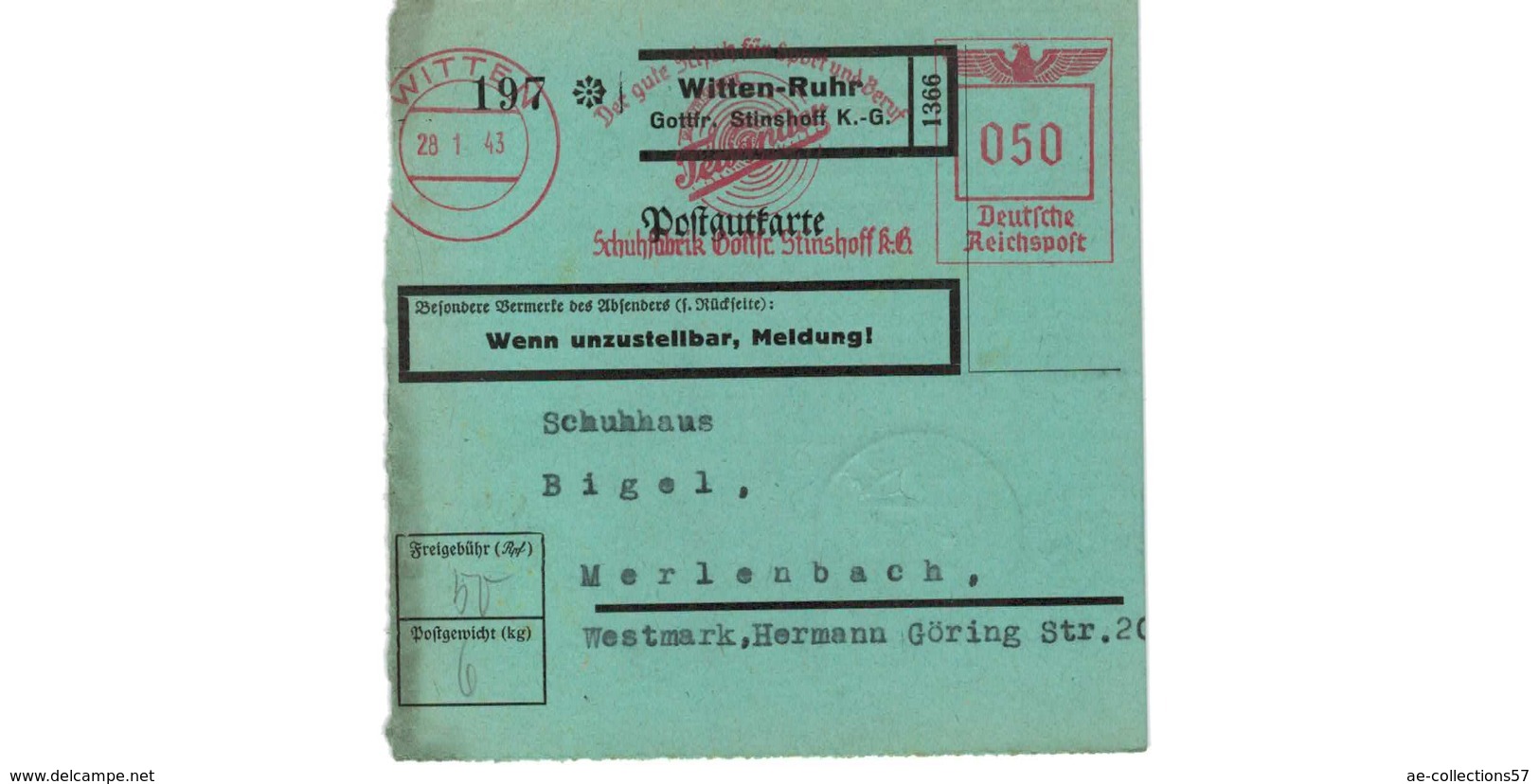 Allemagne  - Colis Postal  Départ Witten -Ruhr  -- 28/1/43 - Lettres & Documents