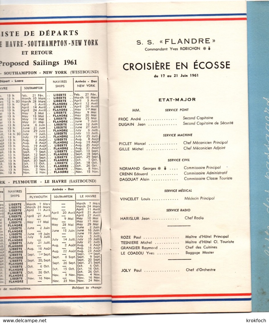 Paquebot Flandre - Liste Des Passagers Juin 1961 - Croisière Ecosse - CGT Générale Transatlantique - 24 X 13 Cm - Other & Unclassified