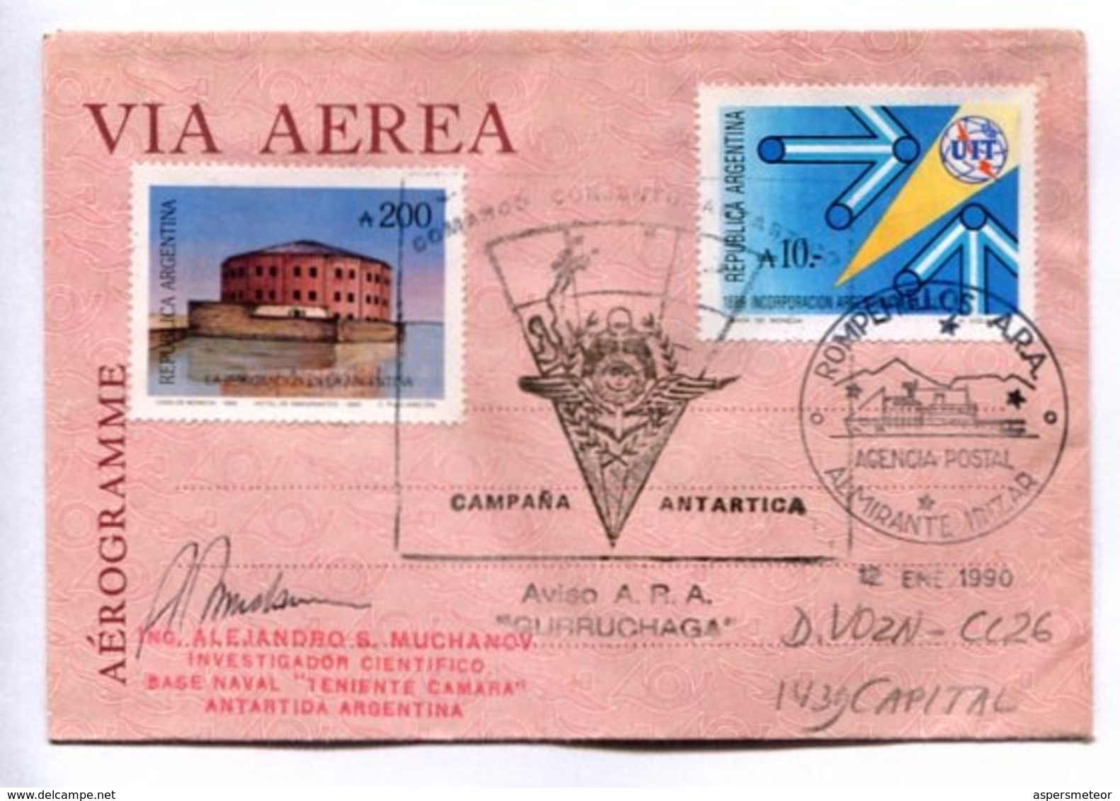 AEROGRAMME 1990 -  ENVELOPE CIRCULATED FROM "BASE NAVAL TENIENTE CAMARA", ANTÁRTIDA ARGENTINA. -LILHU - Bases Antarctiques