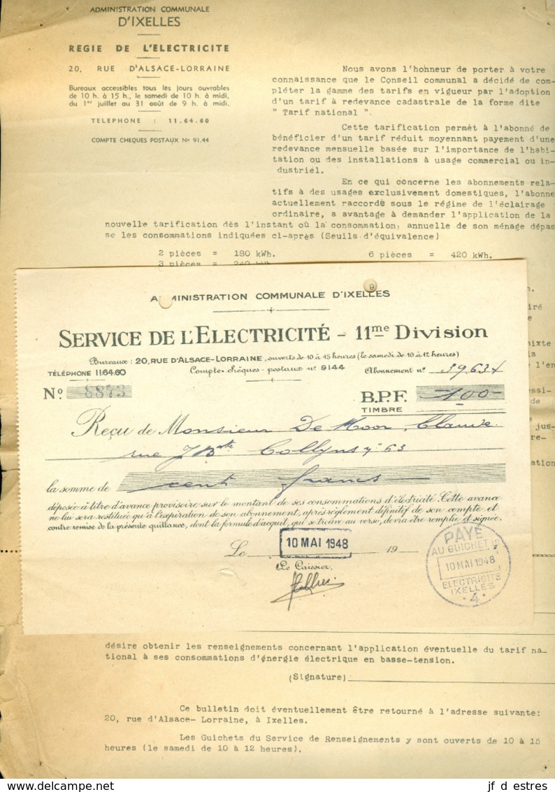 7 Documents Service De L'électricité Régie De L'électricité Ixelles, Intergaz Bruxelles , 1948-1967 - Electricity & Gas
