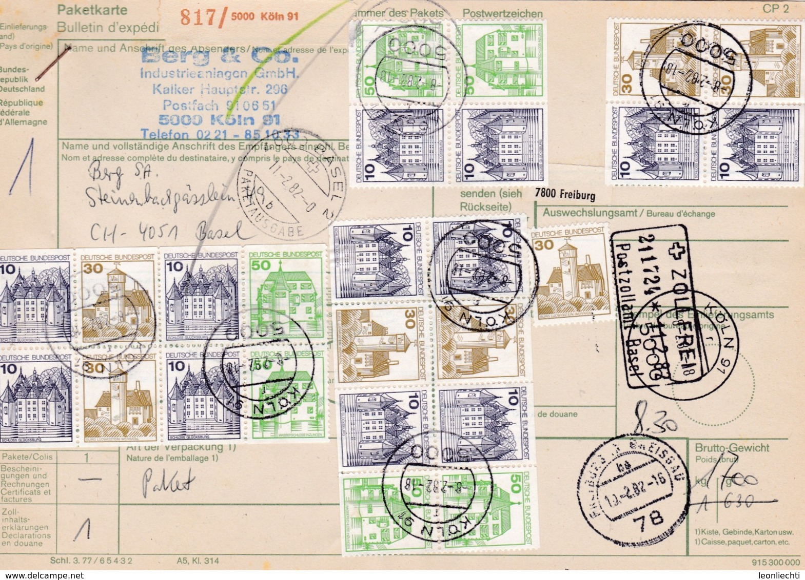 Paketkarte: 1982  Postzollamt, Zollfrei Basel. Von Köln Nach Basel, Burgen Und Schlösser Aus MH. H-Bl. 27 I - Altri - Europa