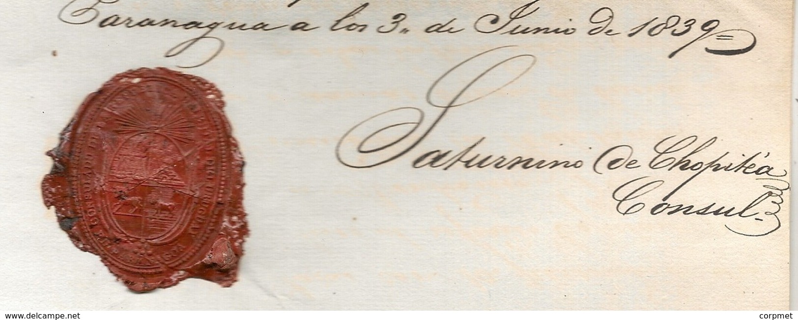 BRAZIL1839 PARANAGUA-URUGUAY CONSUL Giving To Sardinian Boat Health Certificate (NO PLAGUE) To Continue Trip - WAX SEAL - Documentos Históricos