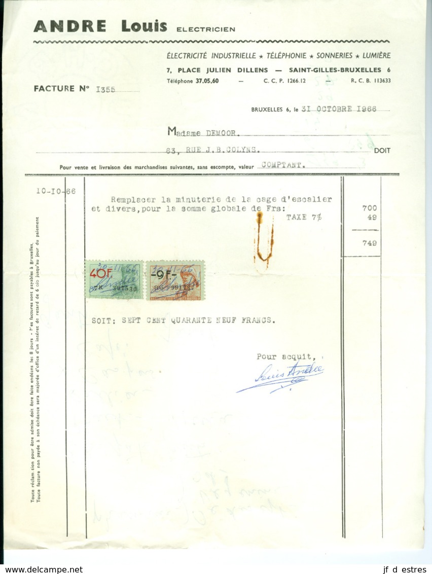 Facture Timbrée Louis André, électricien, Saint-Gilles, Bruxelles, 1966 - Elektriciteit En Gas