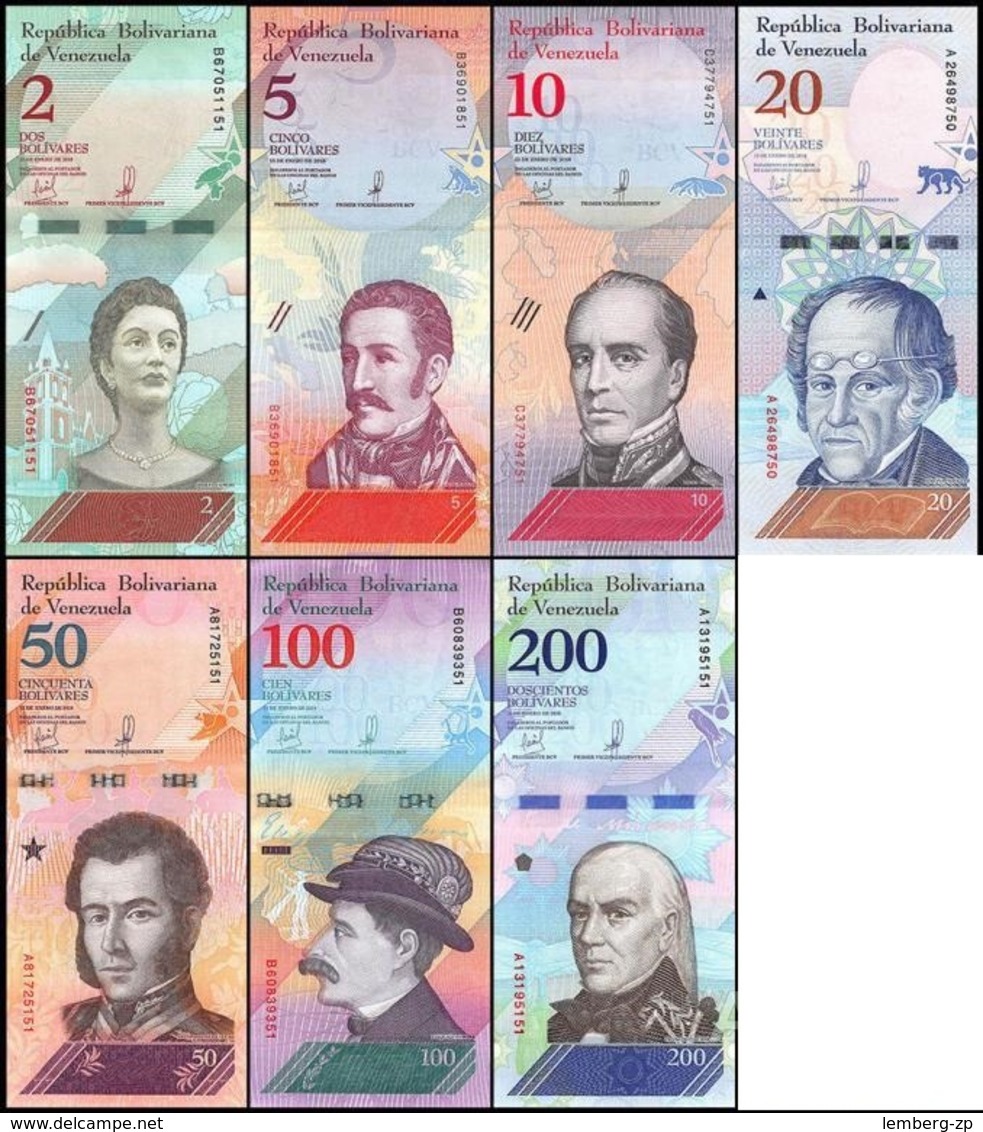 Venezuela - Set 7 Banknotes 2 5 10 20 50 100 200 Bolivares 2018 UNC - Venezuela