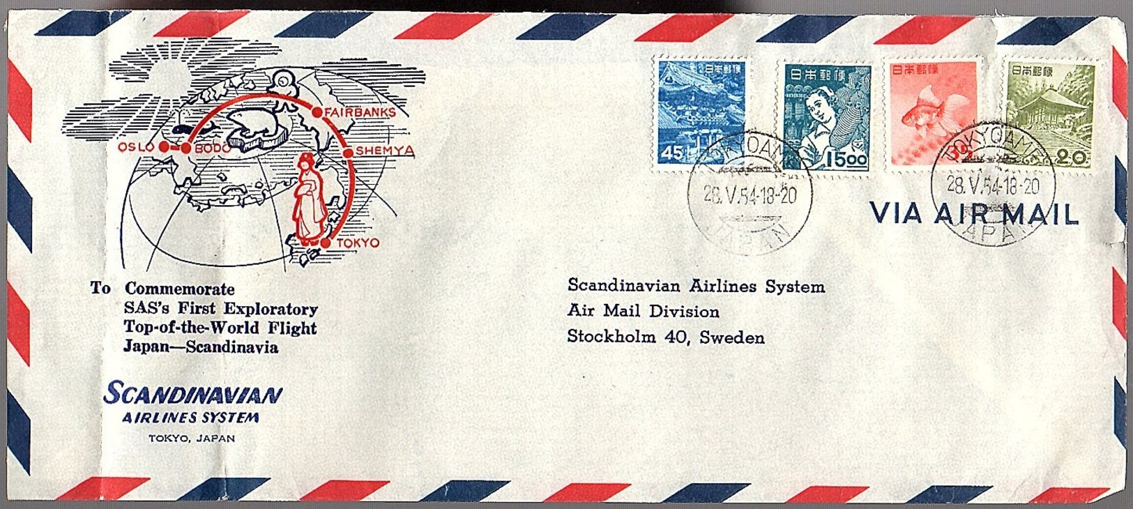 1954 Scandinavian Airlines 1st Exploration Yop-of-the Worls Flight Oslo-Fairbanks-Shemya Tokyo (248) - Cartas & Documentos