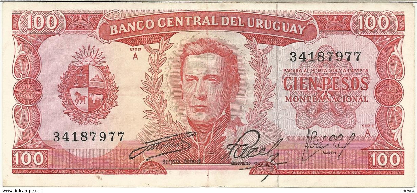 URUGUAY 100 PESOS 1967 PICK 47a VF - Uruguay