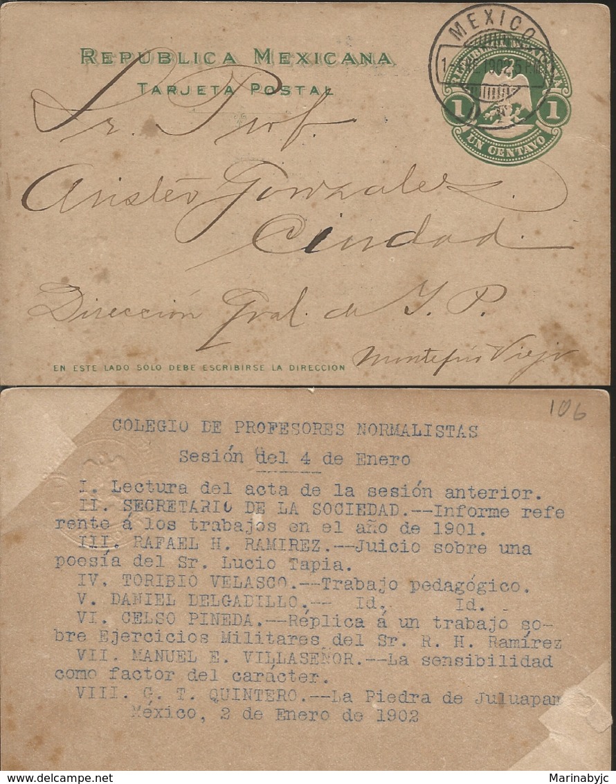 J) 1902 MEXICO, EAGLE, POSTCARD, POSTAL STATIONARY, CIRCULATED COVER, FROM MEXICO - Mexico