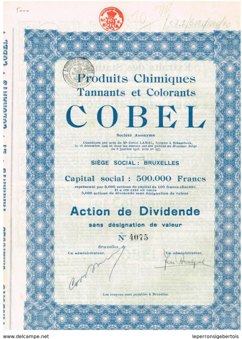 Titre Ancien - Produits Chimiques Tannants Et Colorant - COBEL - Titre De 1925 N° 4075 - Industrie