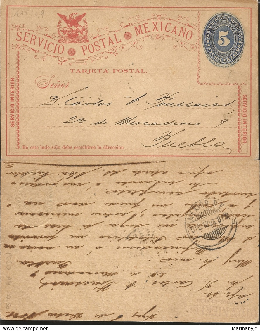 J) 1894 MEXICO, MEXICAN POSTAL SERVICE, EAGLE, NUMERAL 5 CENTS, CIRCULATED COVER, FROM MEXICO TO PUEBLA - Mexico