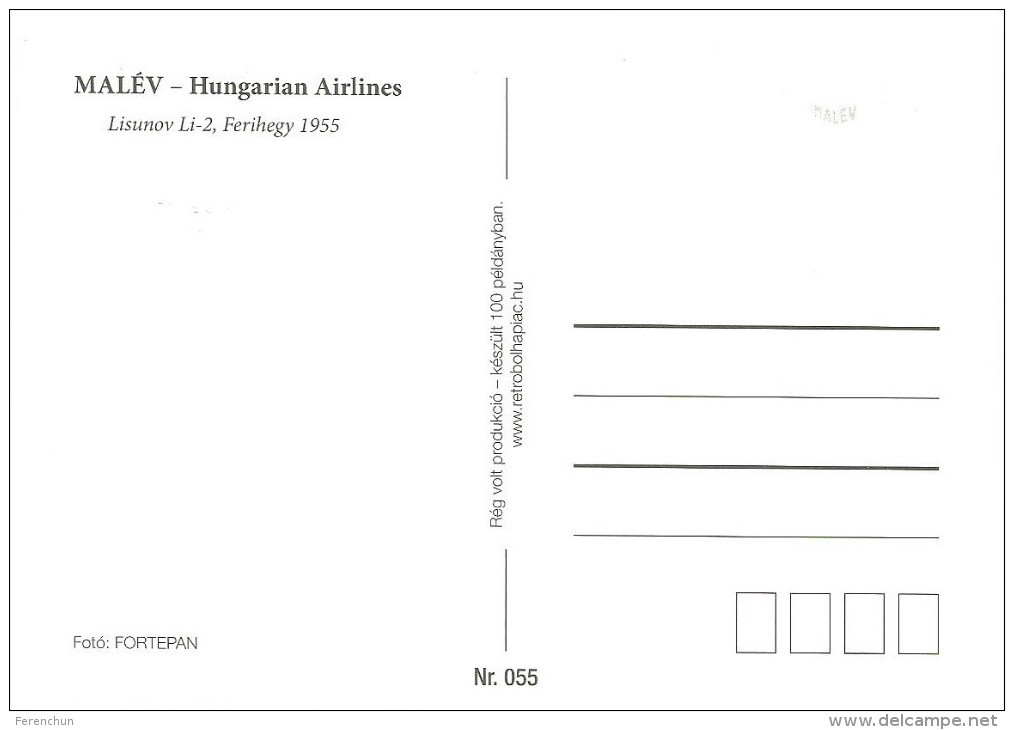 AIRPLANE AEROPLANE AIRCRAFT LISUNOV LI-2 HUNGARIAN AIRLINES MALEV * BUDAPEST FERIHEGY AIRPORT * Reg Volt 0055 * Hungary - 1946-....: Era Moderna