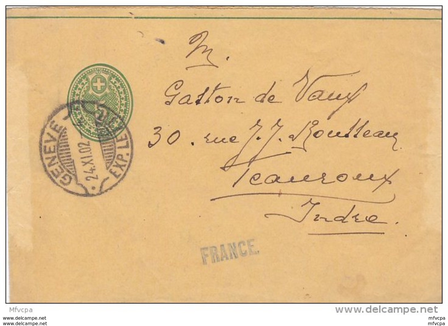 L4G181 SUISSE Bande Journal Entier Postal 5c Geneève Pour (Cha)teauroux France 24 11 1902 - Entiers Postaux