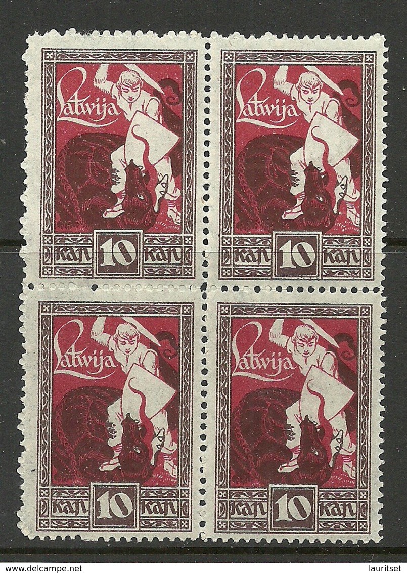 LETTLAND Latvia 1919 Michel 36 ERROR Abart Variety Abklatsch D. Rahmens Set Off Of Frame Print 4-Block MNH - Lettonie