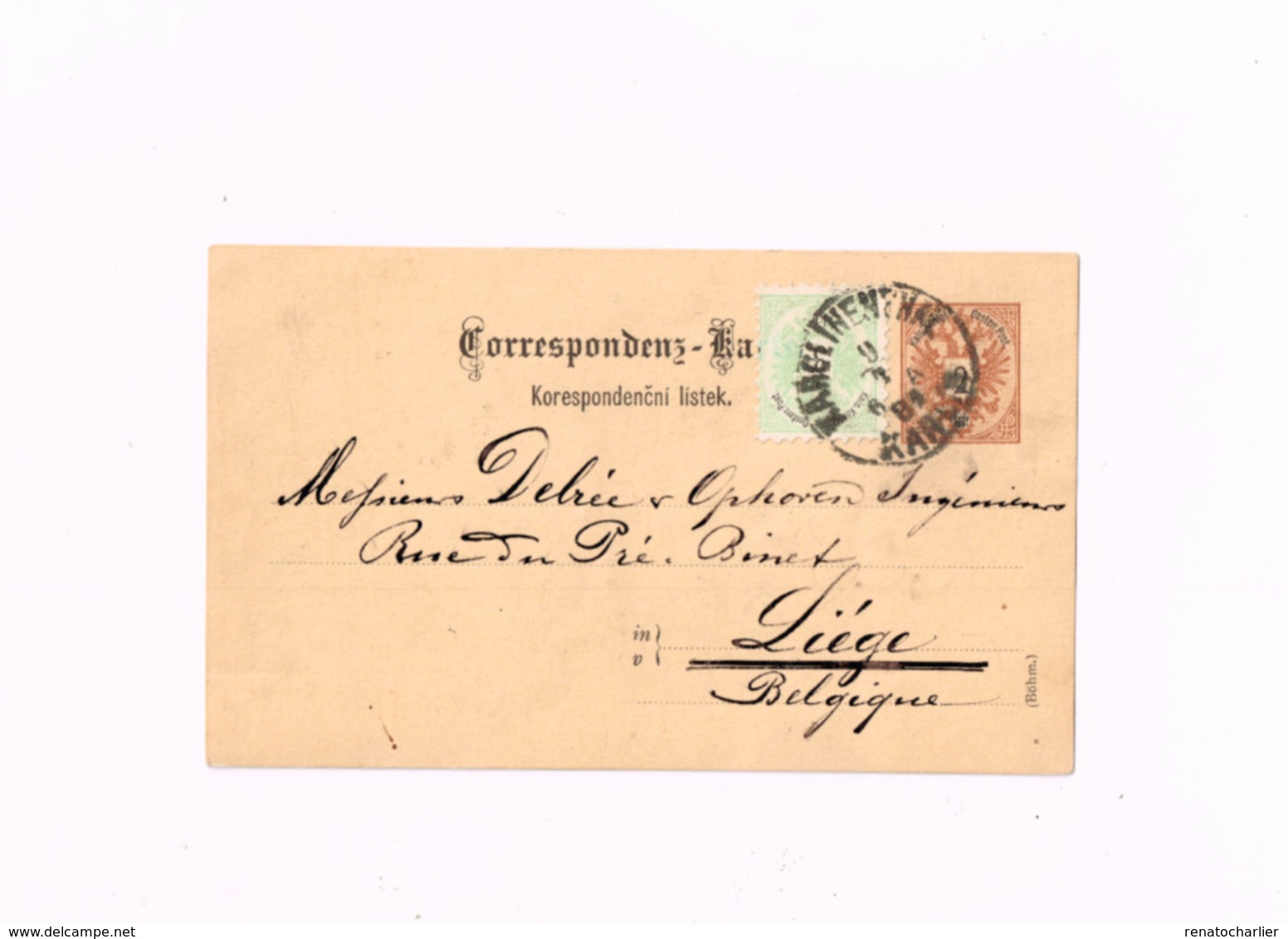 Entier Postal à 2 Heller.Expédié De Karlin à Liège (Belgique) - Ansichtskarten