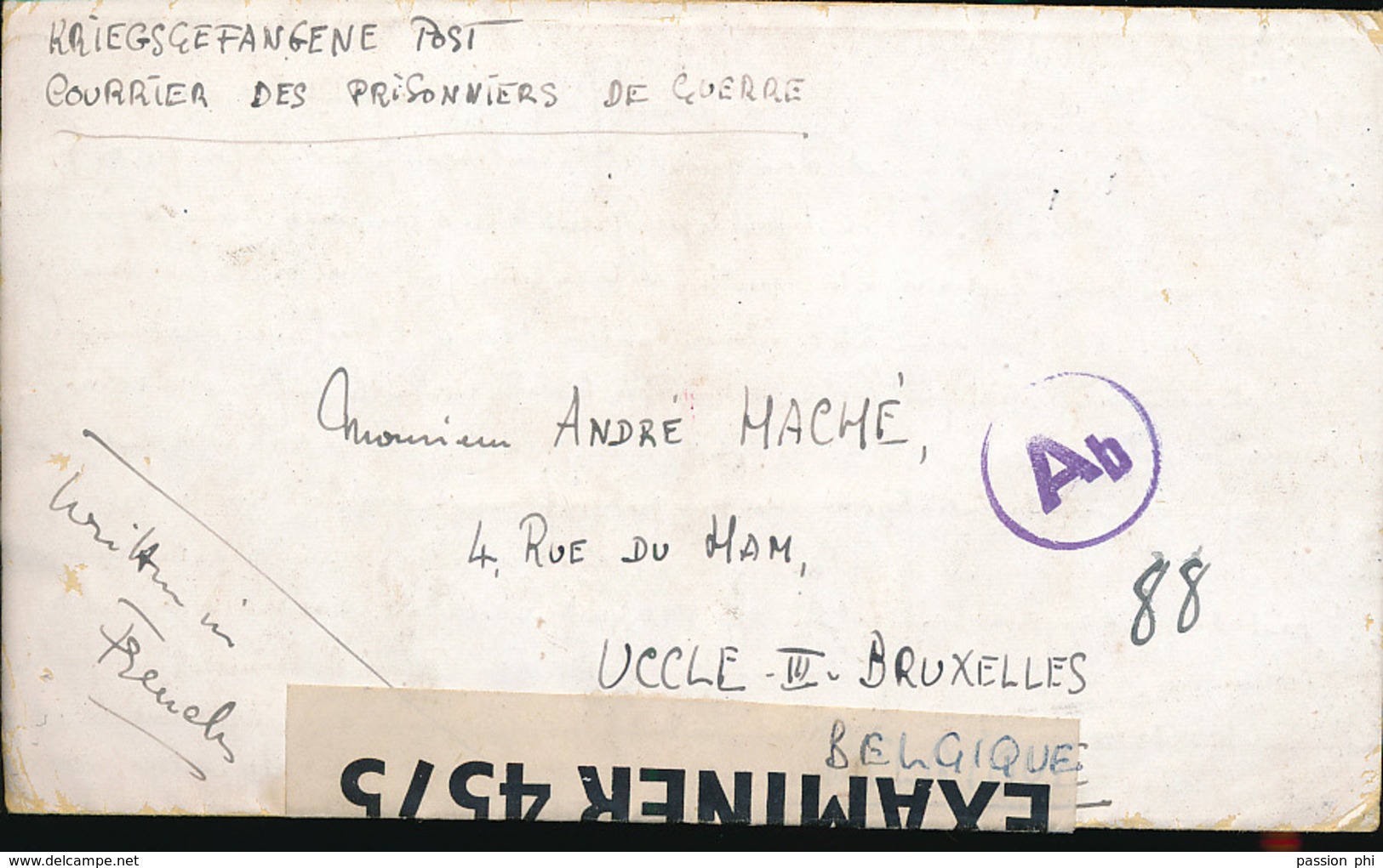 ISLE OF MAN BELGIQUE LETTRE D'UN DES CAMPS DE PRISONNIERS DE L'ILES DE MAN"CAMP X PEEL" VERS LA BELGIQUE AR. 23.09.1943 - Guerre 40-45 (Lettres & Documents)
