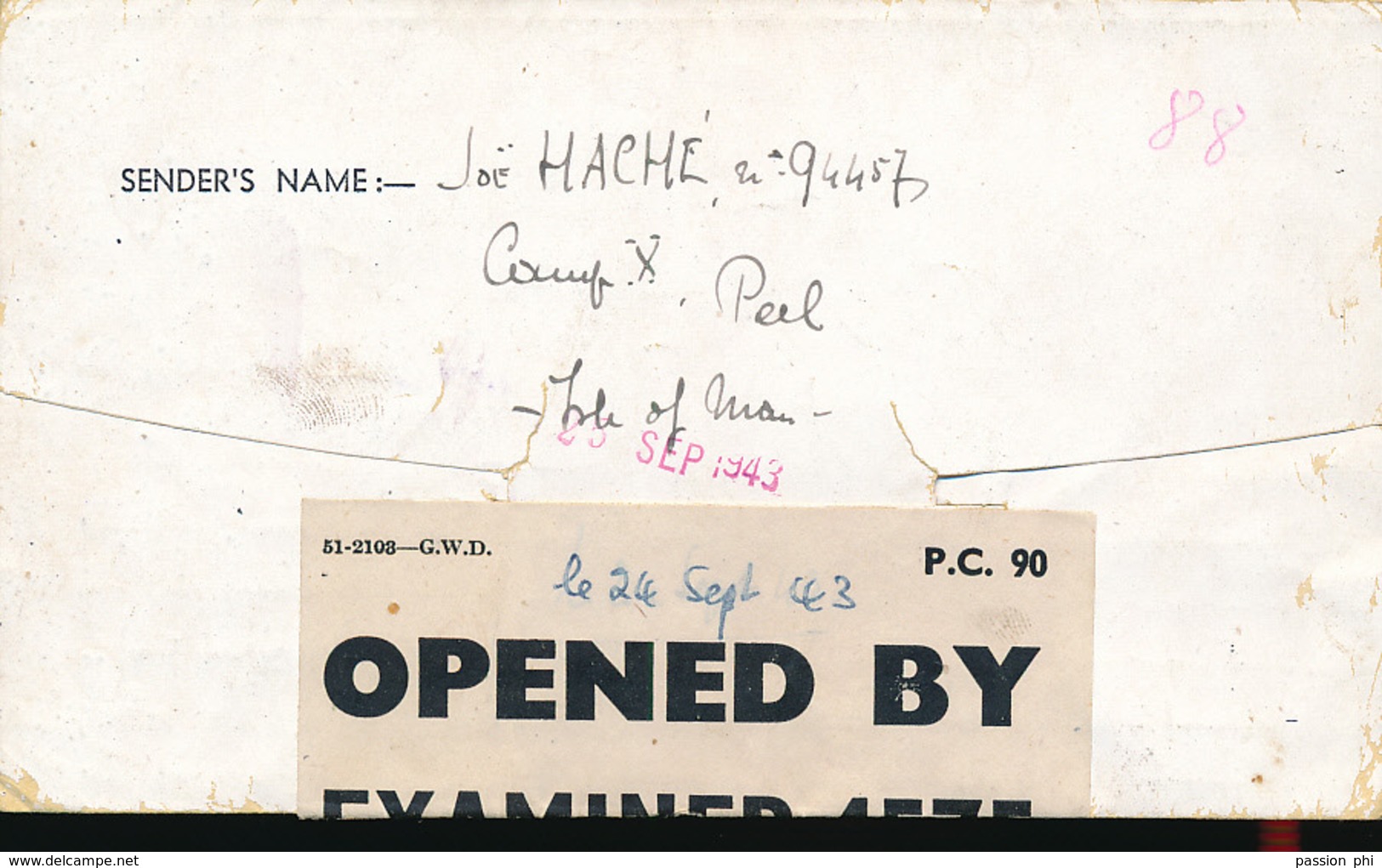 ISLE OF MAN BELGIQUE LETTRE D'UN DES CAMPS DE PRISONNIERS DE L'ILES DE MAN"CAMP X PEEL" VERS LA BELGIQUE AR. 23.09.1943 - Guerre 40-45 (Lettres & Documents)