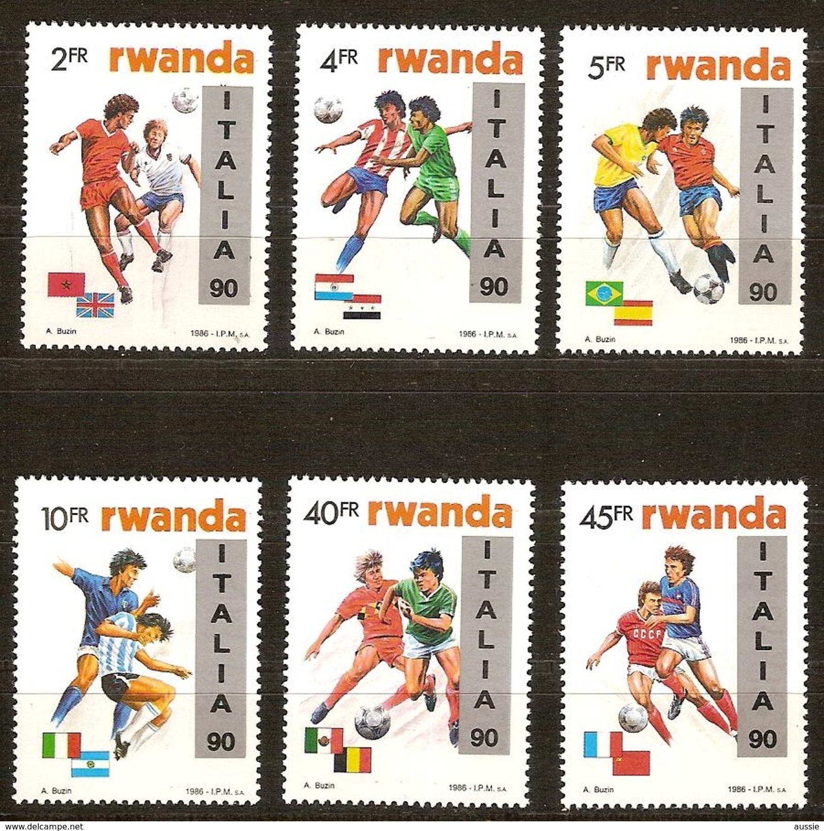 Rwanda Ruanda 1990 Yvert 1301-1306 OCBn° 1371-1376 *** MNH  Cote 75,00 Euro Football Italia 90 En Surcharge - Neufs