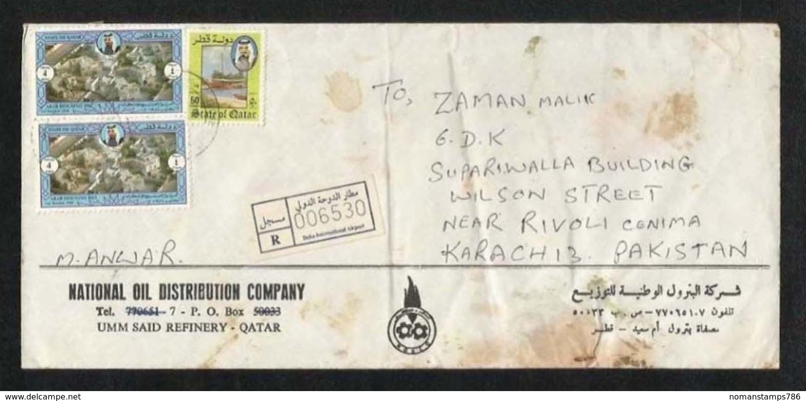 Qatar Registered Air Mail Postal Used Cover Qatar To Pakistan Arab Housing Day - Qatar