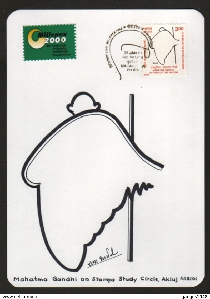 India 2000  Mahatma Gandhi  Artist Signed  Hand Sketched  Maximum Card  #   20535     C&D - Mahatma Gandhi