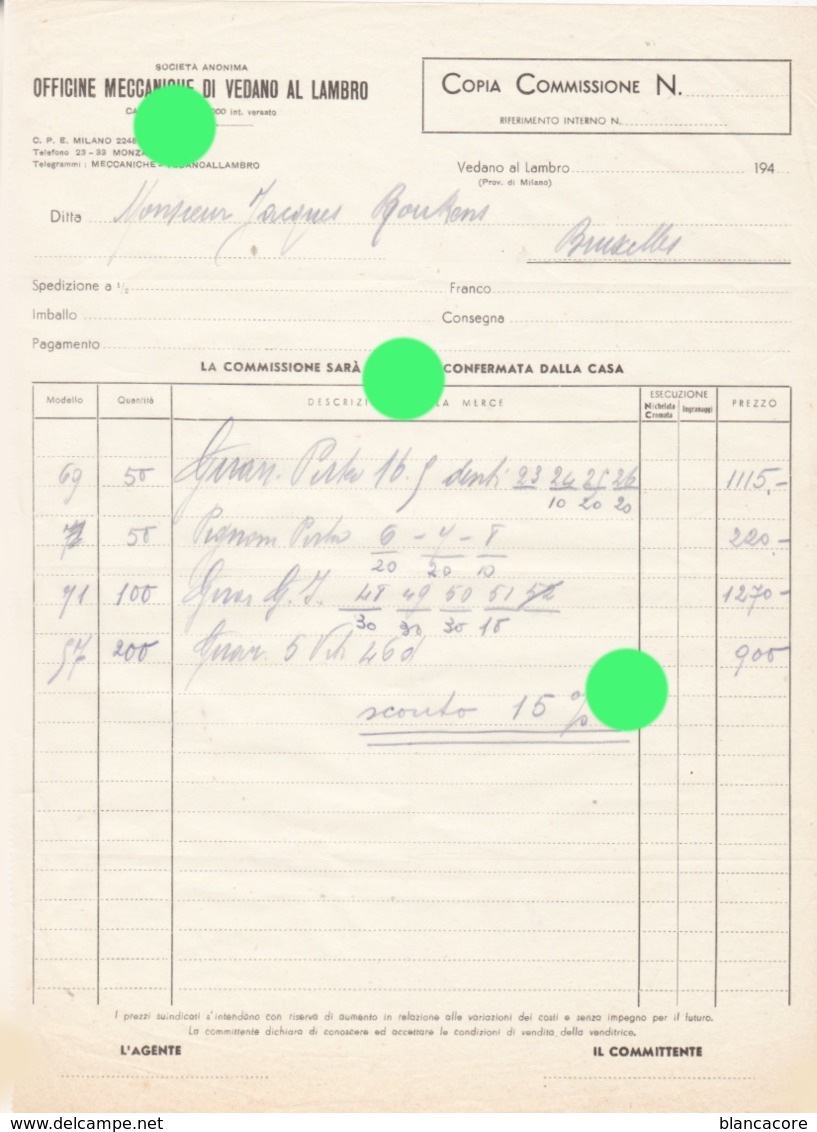 OFFICINE MECCANICHE  Di VEDANO AL LAMBRO Prov MILANO  Vers 1945 - Italie