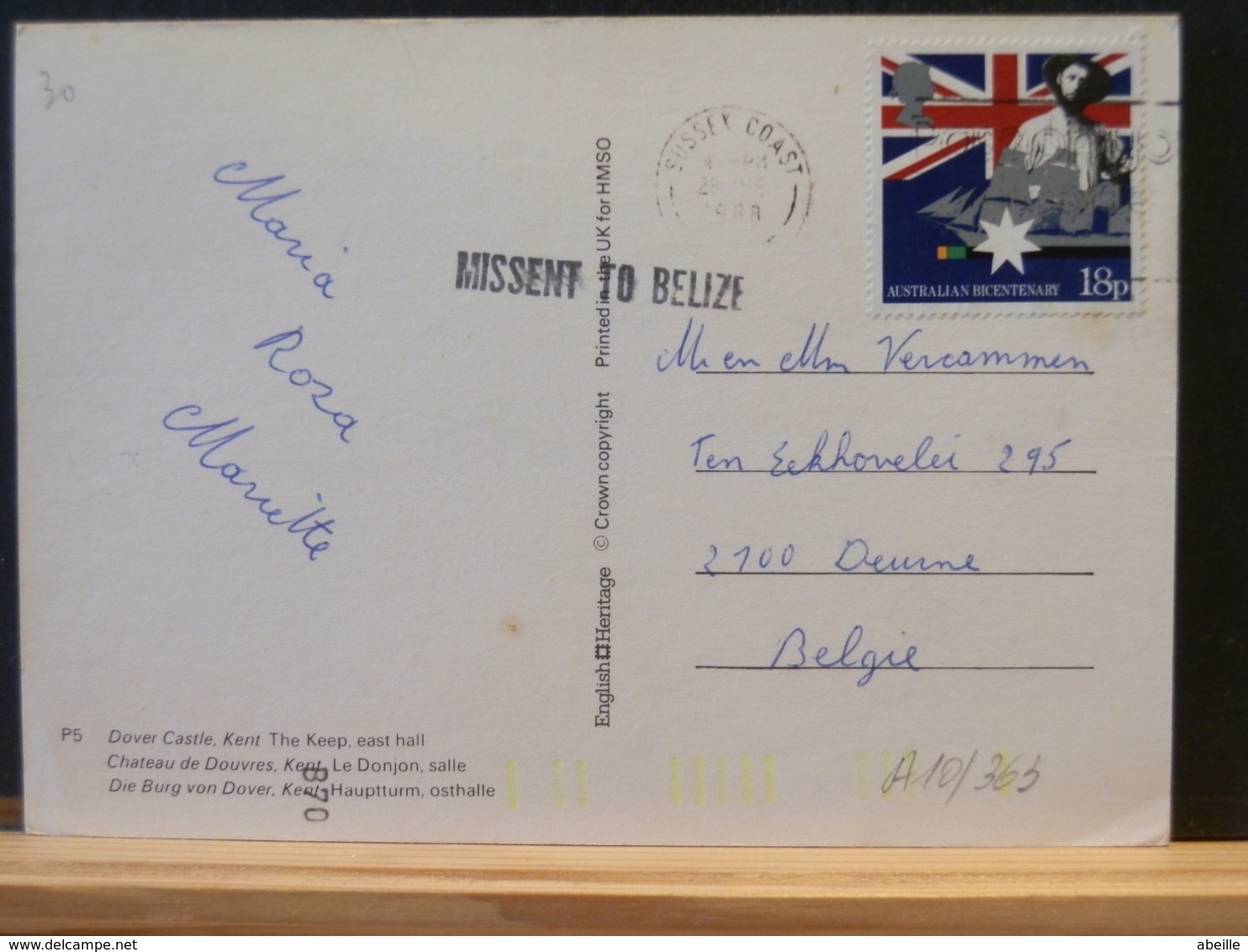 A10/363   CP   TO BELG. 1988 MISSENT TO BELIZE - Covers & Documents