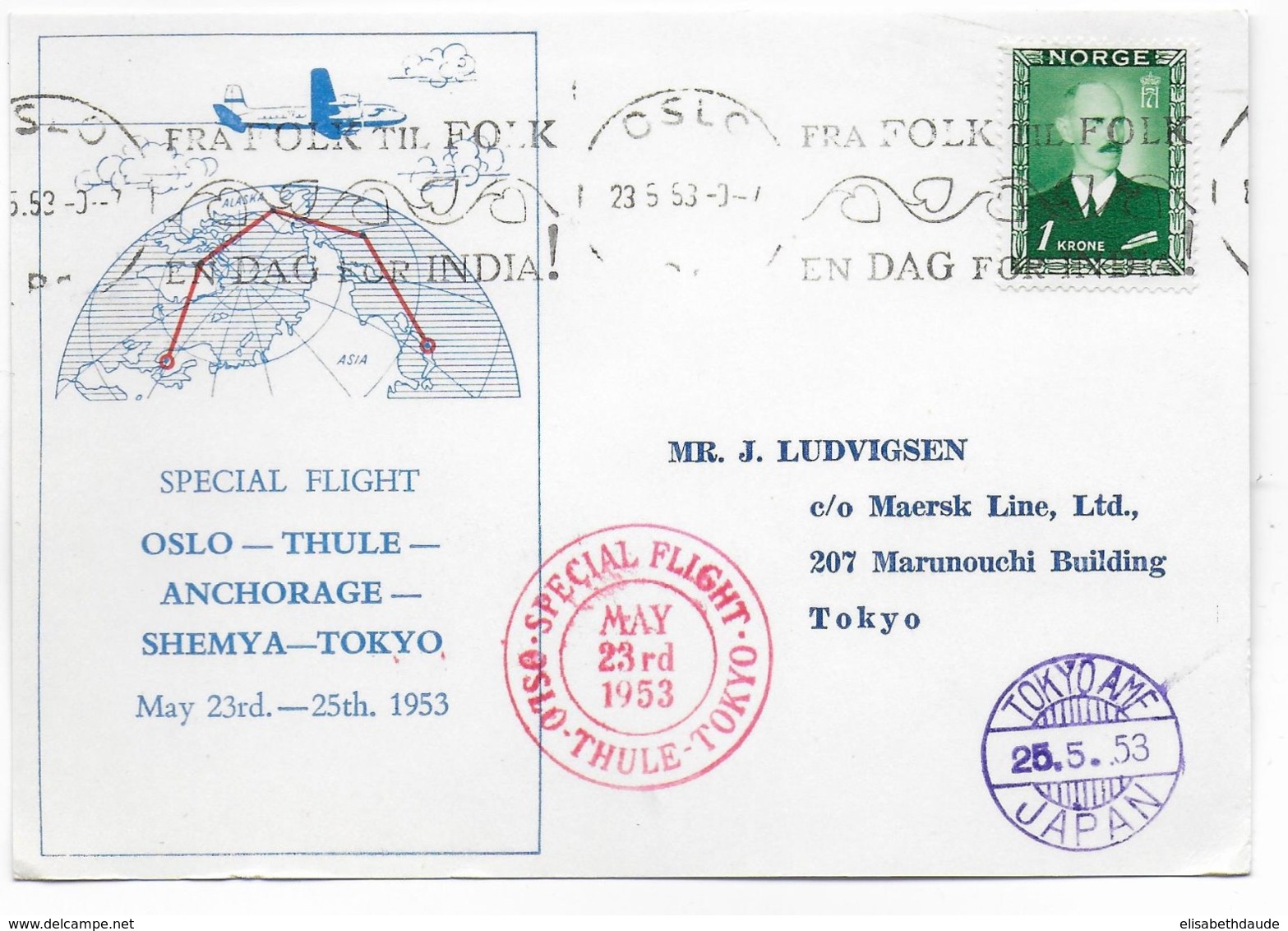 NORVEGE - 1953 - CARTE SPECIAL FLIGHT - VOL SPECIAL OSLO - THULE - ANCHORAGE - SHEMYA - TOKYO (JAPAN) - Storia Postale